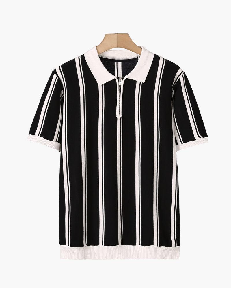 Koszulka polo z dzianiny z suwakiem do połowy i paskami retro