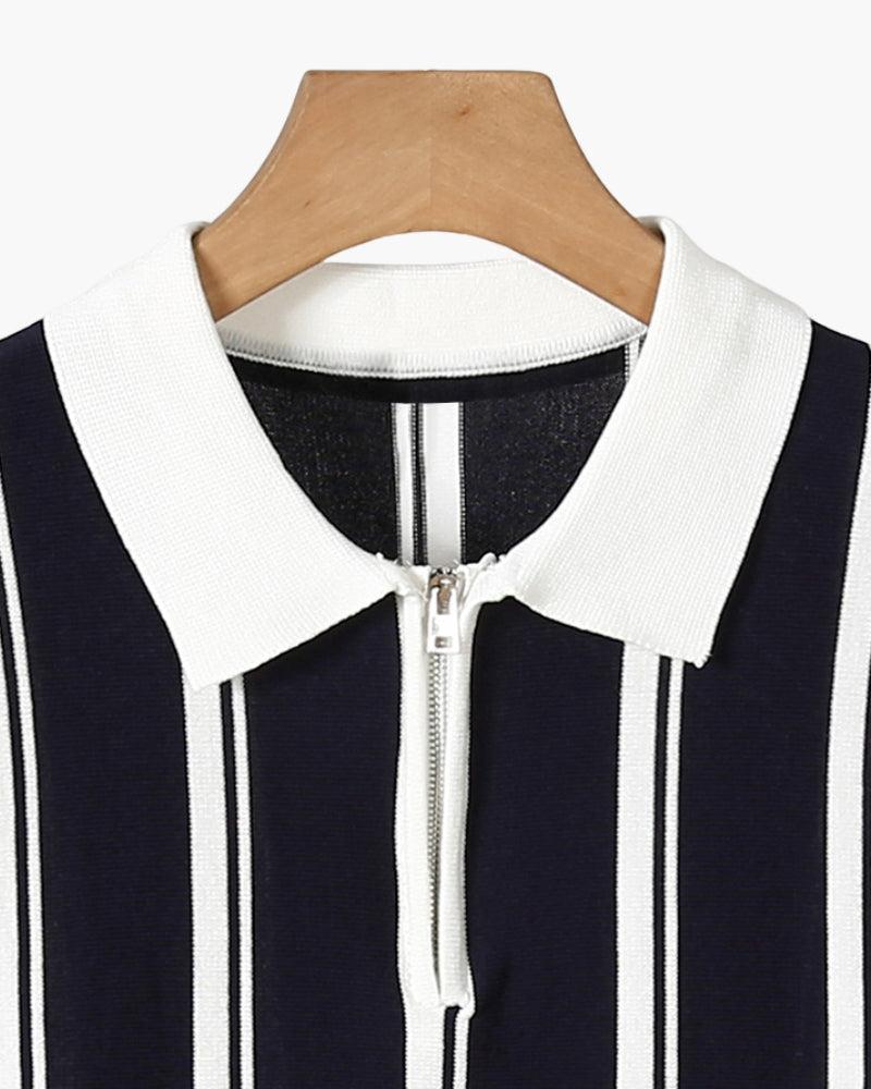 Koszulka polo z dzianiny z suwakiem do połowy i paskami retro